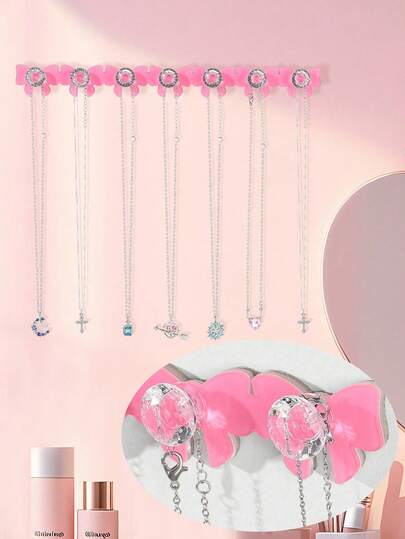 1个粉色蝴蝶结亚克力项链收纳架，带7个钻石旋钮，可爱自粘式首饰架，可收纳项链、手链和配饰 - 房间装饰