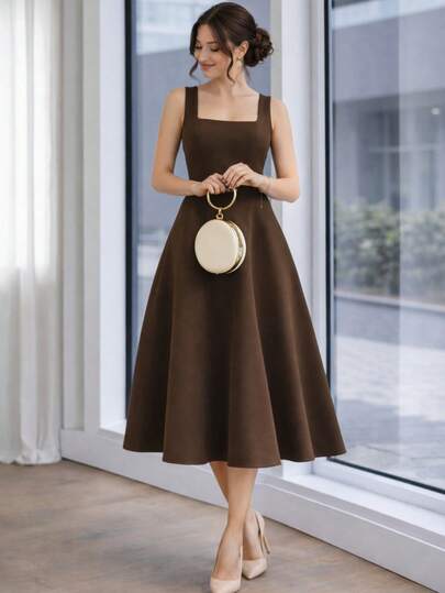Vestido Midi Feminino com Decote Quadrado e Cintura Marcada