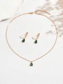 Bộ trang sức gồm 1 dây chuyền và 1 đôi bông tai kiểu dáng tối giản, mặt dây chuyền hình giọt nước đính đá pha lê, thích hợp để đeo hàng ngày, đi làm, hẹn hò, đi nghỉ mát, dự tiệc, làm quà tặng ngày Valentine, Ramadan, ngày Thánh Patrick, quà sinh nhật cho bạn bè. - màu xanh lá - Xem 3