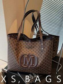 欧美风手提包，时尚单肩包，大容量，简约复古印花女士手提包 - 咖啡 - 查看 1