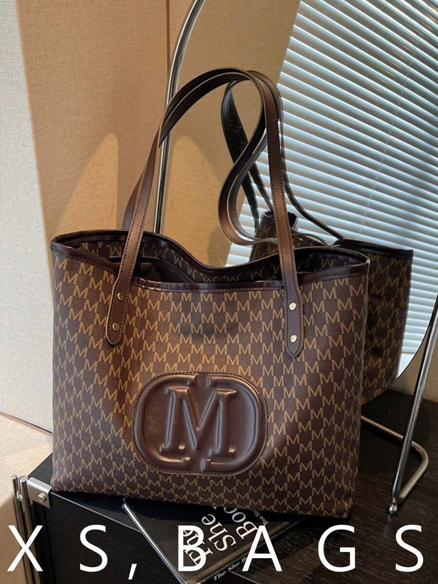 欧美风手提包，时尚单肩包，大容量，简约复古印花女士手提包 - 咖啡 - 查看 1