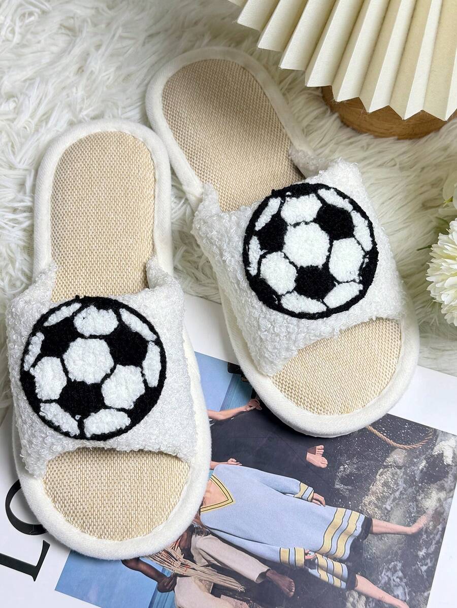 Unisex Football Pattern Embroidered Open Toe Flat Slippers, Soft Plush Non-Slip House Slippers, Spring/Summer - White - View 1