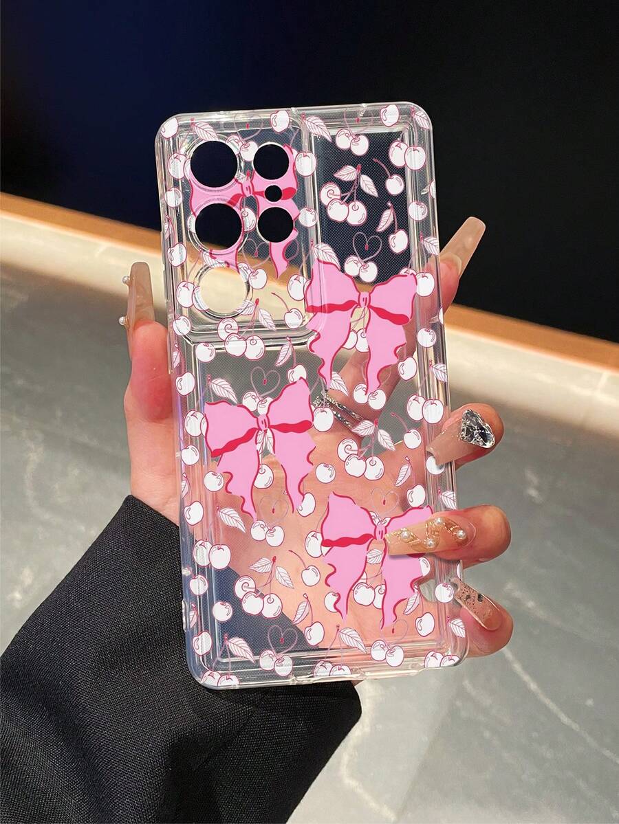 1个樱桃蝴蝶结图案，气囊透明防摔手机保护壳，TPU材质，可作为节日礼物赠送，男女通用，适用于三星S25/S25 Plus/S25 Ultra/S24 Ultra/S24/S23 Ultra/S23/S22 Ultra/S22 - 彩色 - 查看 1