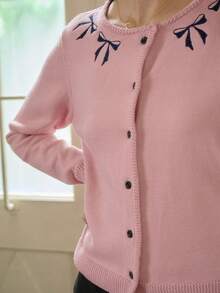 Cárdigan de manga larga con cuello redondo, estilo casual de primavera, con bordado de contraste, elegante, de moda retro y temperamento suelto para mujeres jóvenes - Rosa - Ver 3