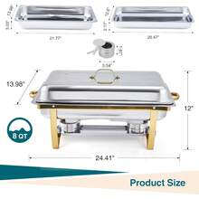 4-Pack Chafing Plate Buffet Set, 8QT Acero inoxidable Plata/Oro Servidores rectangulares Buffet y calentadores de alimentos con tapas y soportes plegables, ideal para fiestas, catering, bodas, eventos - Dorado - Ver 2
