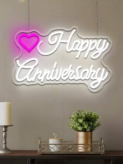 1pc 40x26cm "Happy Anniversary" Romantic Neon Sign: USB Powered (Data Cable Included) | Suitable For Wedding Anniversary Dinner Ambiance, Couple's Date Night Surprise Wall, Restaurant Anniversary Themed Decor, Bedroom Cozy Decoration, Wall Mounted