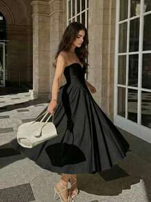 Elegante vestido de estilo princesa con escote en V, lazo decorativo, sin tirantes y espalda descubierta, ajustado y elegante para mujeres - Negro - Ver 4
