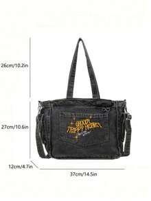 This Novel And Fashionable Classic Multi-Purpose Casual Backpack Features A Letter Graphic Design, With A Red Heart-Shaped Pendant, Exquisite Embroidery, And A Large-Capacity Metal Chain Shoulder Strap. Made Of Fabric With A Worn And Washed Treatment, It Is Very Suitable For School Or Commuting Use. - Black - View 4
