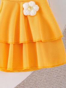 2pcs Baby Girls Floral Camisole Top And Layered Floral Ruffle Bell Bottom Pants Set, Summer - Yellow - View 8