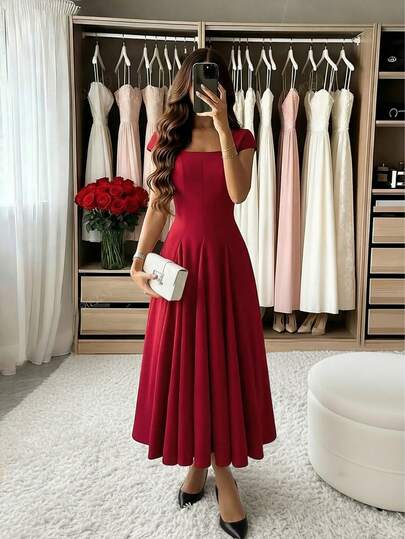 Women's Solid Color Backless Tie Waist A-Line Elegant Cocktail Dress, Suitable For Valentine's Day, Wedding, Party, Date, Vacation
