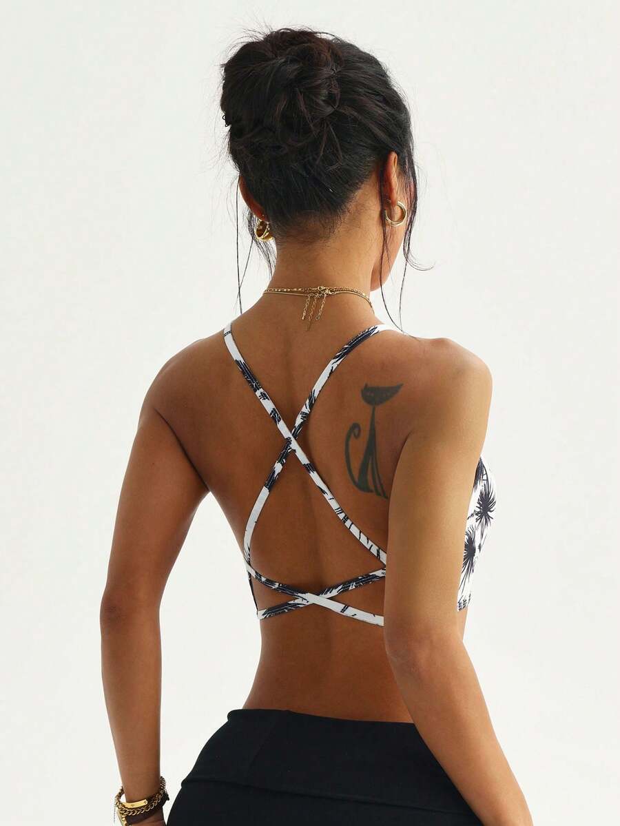 Women's Fashion Removable Padded Bra, Black & White Palm Tree Print, Criss-Cross Strap Round Neck Knit Sports Bra Spring - Black and White - View 1