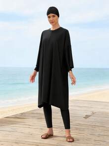 女士休闲全包臀布基尼泳衣，圆领设计，带拉链和高腰下装，弹力面料 - 黑色 - 查看 8