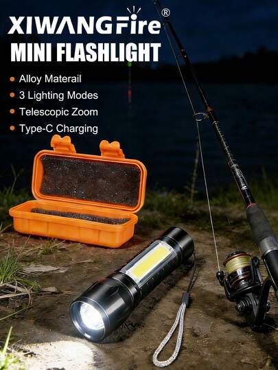  XIWANGFIRE Dual Light Source Ultra Bright Outdoor Flashlight, Made Of Alloy Material, With Side Lights, 3-Speed Dimming, Telescopic Zoom, With Hanging Rope, Type-C Charging, Sturdy , Can Be Used For Emergency Situations Such As Hiking, Camping, Power Outages, Etc