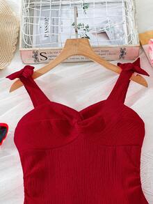 Left Mama 女童优雅红色蝴蝶结吊带连衣裙，适合夏季参加派对和度假 - 紅色 - 查看 3