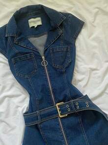 Women's Spring And Summer New Style Spicy Girl Retro Sleeveless Denim Dress, Niche Design, Waist-Cinching, Slim-Fitting Denim Skirt - 藍色 - 查看 4
