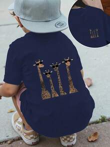 Boys' Casual Short-Sleeved Summer T-Shirt With Crew Neck Featuring A Giraffe With Glasses Print, Made Of Cotton With Front And Back Prints - 藏蓝色 - 查看 1