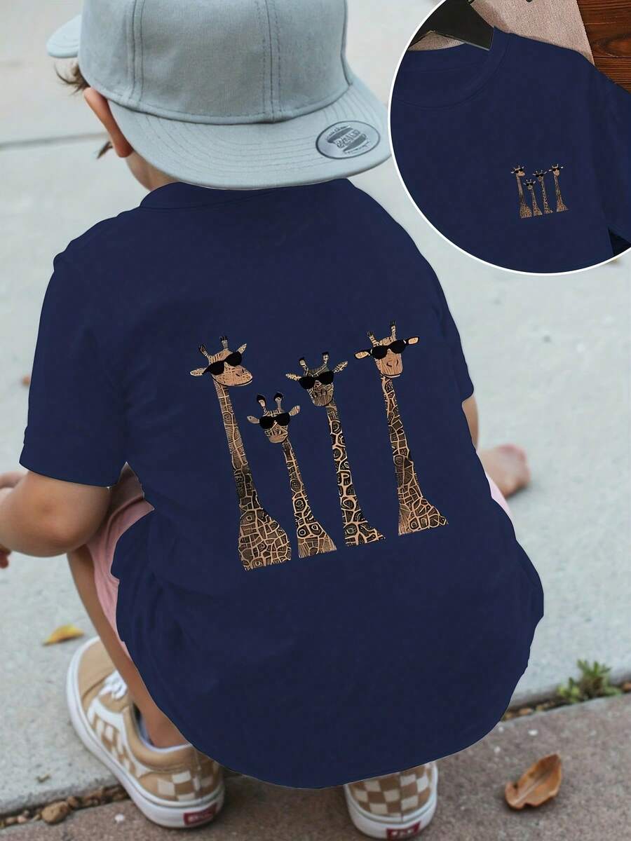 Boys' Casual Short-Sleeved Summer T-Shirt With Crew Neck Featuring A Giraffe With Glasses Print, Made Of Cotton With Front And Back Prints - 藏蓝色 - 查看 1