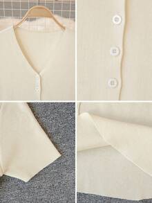 V-Neck Short Sleeve Knit Dress, Fitted A-Line Sweater Dress, Sexy Minimalist Style, Spring/Summer - Apricot - View 10