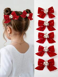 5pcs/Set Girls Velvet Butterfly Clips With Pearl Flower Decor, Red Fabric Hair Clips, Barrettes, Side Clips, Bangs Clips, Rhinestone Hair Accessories, Suitable For Valentine's Day, Christmas, Daily Use - Red - View 10