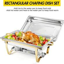 4-Pack Chafing Plate Buffet Set, 8QT Acero inoxidable Plata/Oro Servidores rectangulares Buffet y calentadores de alimentos con tapas y soportes plegables, ideal para fiestas, catering, bodas, eventos - Dorado - Ver 8