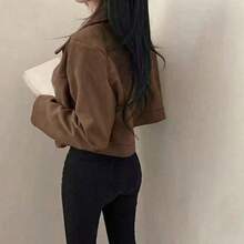 女士休闲日常通勤时尚街头学院机场穿搭纯色仿麂皮翻领拉链短款长袖外套，秋季款 - 棕色 - 查看 4