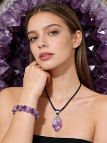 2 piezas Pulsera y colgante de collar de cuarzo amatista, pulsera de piedras de guijarro púrpura - Morado - Ver 12