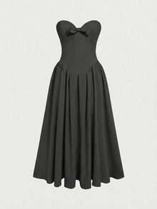Elegante vestido de estilo princesa con escote en V, lazo decorativo, sin tirantes y espalda descubierta, ajustado y elegante para mujeres - Negro - Ver 9
