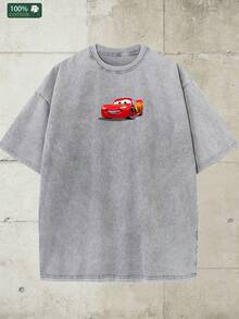 Disney-Racing Mobilization Lightning McQueen Pure Cotton Short Sleeved T-Shirt For Men's Summer Doing Old Water Washed Loose Large Top With Front And Rear Printed Casual Half Sleeve Parent Child Wear - 淺灰色 - 查看 6