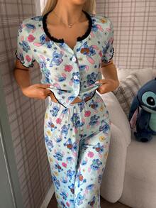 女士睡衣套装，缝线印花蕾丝边饰卷边纽扣短袖长裤套装 - 彩色 - 查看 3