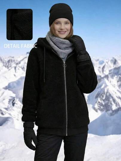 女士毛绒连帽长袖外套，秋冬款