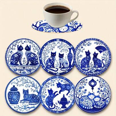 6pcs/Set Blue And White Porcelain Coasters, Decorated With Cat And Floral Patterns, Suitable For Coffee And Tea, Home Decor, Valentine's Day, Thanksgiving, New Year Gifts