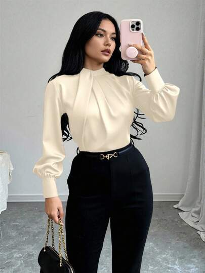 Manga Longa com Gola Alta, Design Assimétrico, Franzido Decorativo, Solta, Básica, Minimalista, Elegante, Chique, Casual de Escritório, Adequada para Professoras, Escritório, Casamentos, Concertos  Nenhum  Dobrado  Plissado