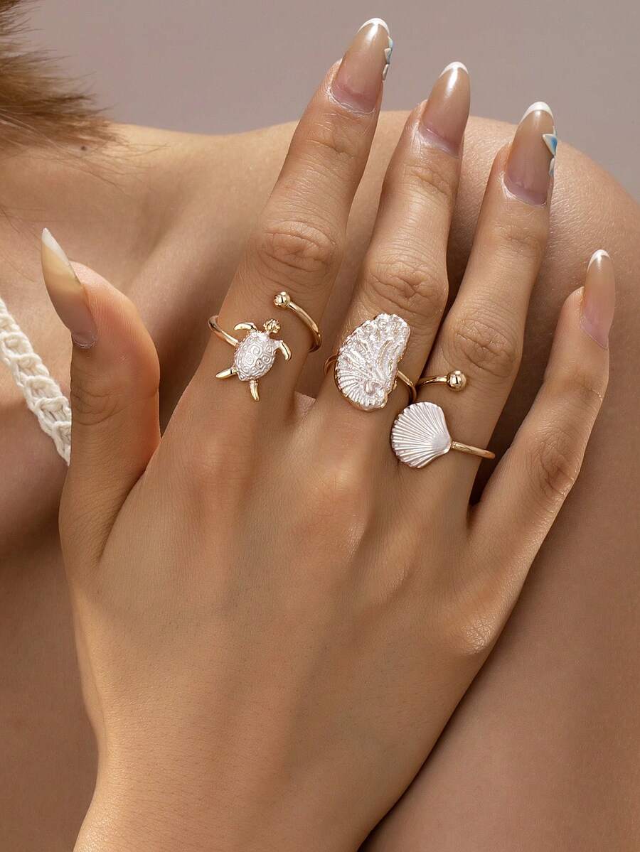 Set de 3 anillos con diseño de caparazón de tortuga estilo océano, adecuados para vacaciones de verano, se pueden apilar, combinan con bikini y otros accesorios de playa - Multicolor - Ver 1