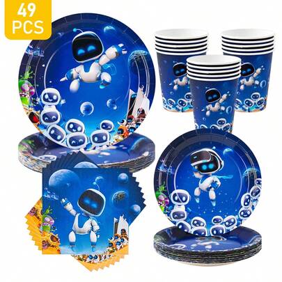 一套太空机器人主题一次性餐盘、餐巾纸、杯子，可供8位客人使用，一次性纸盘，派对餐具，适用于生日、婚礼、主题派对、家庭野餐等场合。
