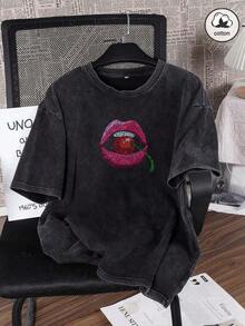 2026 Summer TopsEs Trus Cotton, Summer Women's Fun Printed Hip-Hop "Pink Lips Cherry" Personalized Pattern Printed Street , Korean Version Comfortable Retro Fashion Commuting Versatile Y2k Clothing Women's Clothing, Suitable For Door Leisure, Regular Niche Punk Style Black Well Fitting Round Neck Short Sleeved Washed T-ShirtLoose And Comfortableshirts - 黑色 - 查看 1