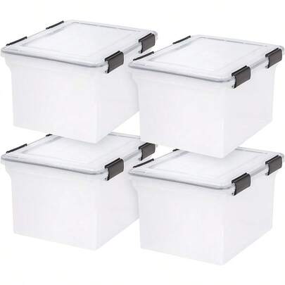 File Box WeatherPro File Organizer Plastic File Box For Letter/Legal File, Water Resistant Document Box, Durable Lid, Seal W/Secure Latching Buckles, Stackable, Nestable, Clear 32 Qt. 4Pack