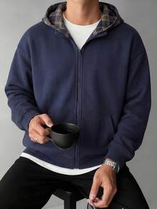 بلوفر هودي رجالي بفتحات جانبية وأساور مرنة، قطعة مريحة وناعمة، تصميم أنيق لعلامة تجارية أمريكية للخريف - أزرق بحري - مشاهدة 1