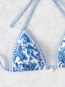 3-Piece Bikini Swimsuit Set, Sexy Women's Neck Strap Swimsuit With Floral Print For Summer Beach Wear, Random Print - Blue - View 4