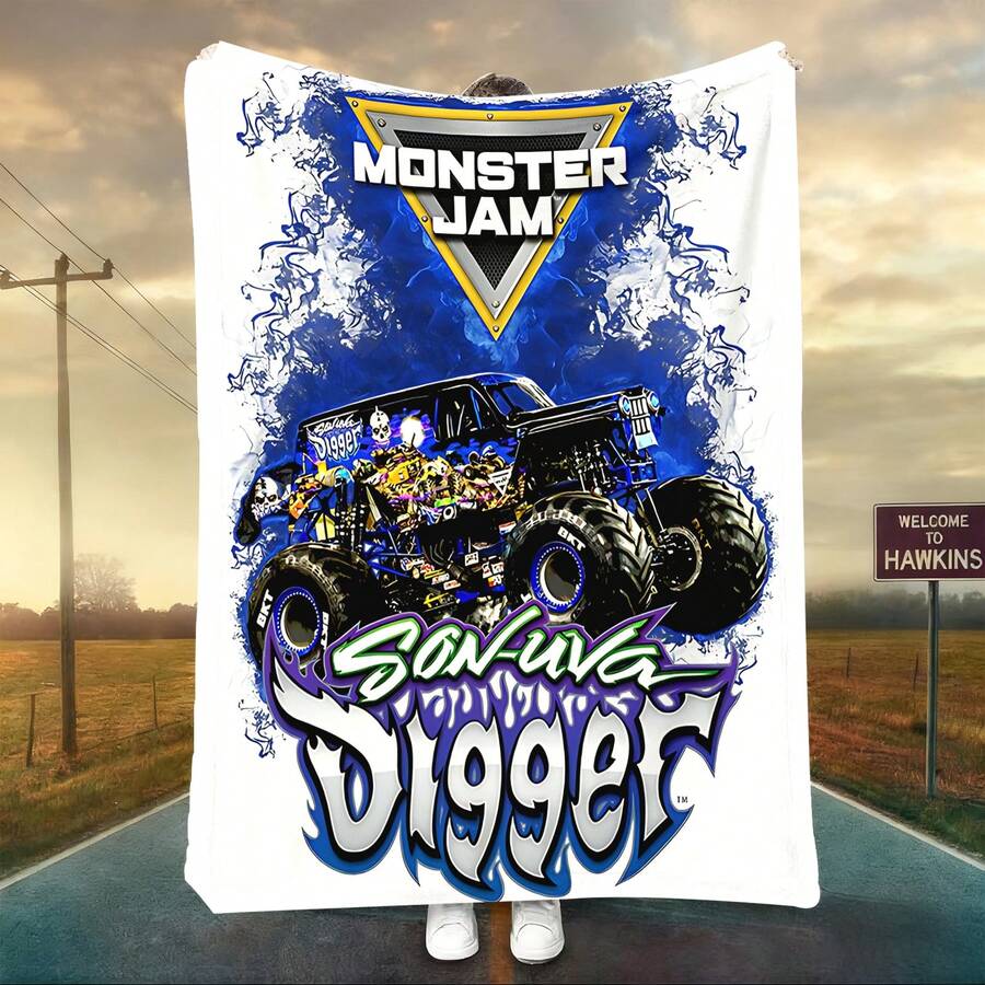 1PC 3D Monster Jam Monster Truck Cartoon Blanket, Edgy Gift For Motorsports Fans, Themed Man Cave Decor, Retro Sci-Fi Party Accent & Race Day Souvenir,Soft Throw Blanket For Home Bedroom Bed Sofa Picnic Travel Office Cover Blanket - multicolour 23 - 查看 1