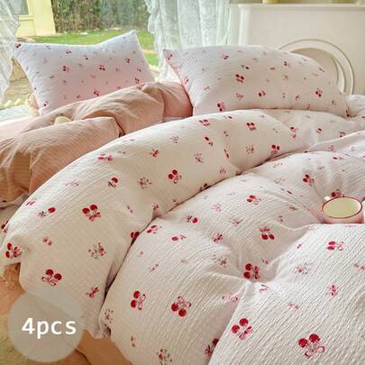 四件套花卉床上用品，樱花蝴蝶结印花被套，拉链封口，纯色床单，四季皆宜，粉色少女风卧室装饰床上用品套装，可快速机洗，清新花卉图案，透气轻盈，适合情人节、斋月等节日使用。