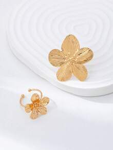 2pcs/Set Tropical Boho Style Hibiscus Flower Rings, Boho Exaggerated Floral Rings, Suitable For Daily Wear, Vacation, Beach Travel - Gold - View 2