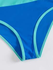 弹力撞色运动吊带泳衣 - 女士聚酰胺和氨纶混纺圆领 - 可拆卸胸垫，适合运动休闲度假海滩夏季穿着 - 寶藍色 - 查看 7