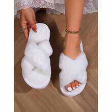 Fashionable Women's Cross Tied Fluffy Slippers, Soft And Warm Fur Home Shoes, Open Toed, Comfortable For Outdoor Wear, Breathable - trắng - Xem 3
