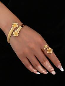 2pcs/Set Fashionable Elegant Metallic Flower Bracelet And Ring Jewelry Set For Women - Yellow Gold - View 6