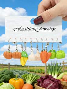 10pcs/30pcs New Crossborder Dopamine Realistic Vegetable Series Resin Earring Set - Funny & Cute Pumpkin, Ginger, Eggplant, Pea, Peanut Earrings, Women Accessories - Multicolor - View 13