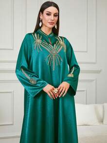 优雅女士新款V领亮片刺绣长款卡夫坦连衣裙，适合庆典、婚礼、居家及日常穿着。 - 綠色 - 查看 3