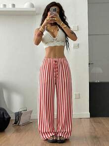 UREREM 女士红白条纹直筒裤，裤脚打结设计，梭织面料略带弹性，休闲度假装，150克梭织面料，春季款 - 紅色 - 查看 6