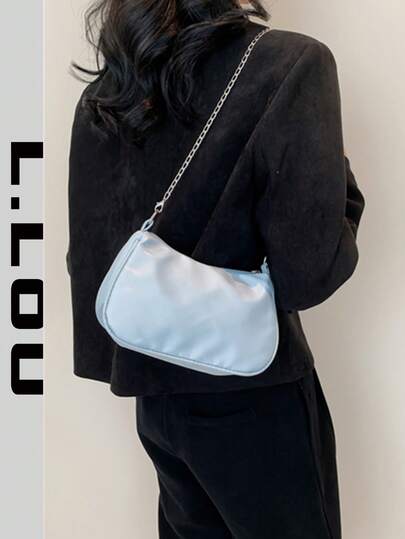 时尚百搭纯色新款链条肩带单肩包，休闲简约法棍小方包，女士居家购物手提包