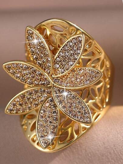 1pc Gorgeous Big Flower Cubic Zirconia Wide Ring For Women For Wedding Engagement Anniversary Party Jewelry Valentine's Day Gift,Mom,Mother,Mother's Day,Gift