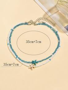 2pcs/Set Summer Sweet Blue & White Necklace Set, Handmade Beaded Necklace With Cute Starfish Decor, Suitable For Daily Wear, Beach Date, Party, Music Festival - Multicolor - View 4